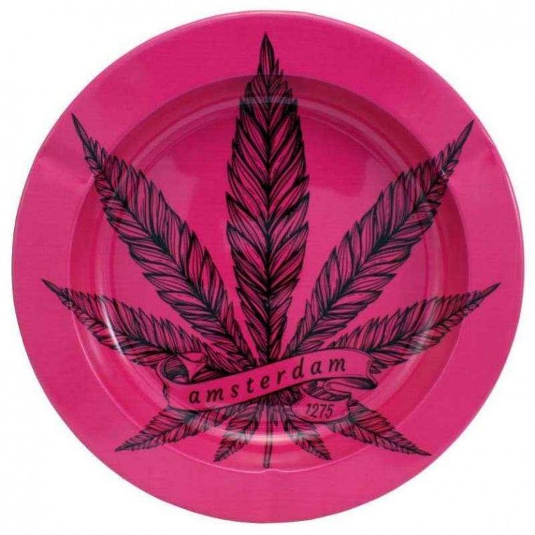 Cenicero de metal rosa con hoja de cannabis