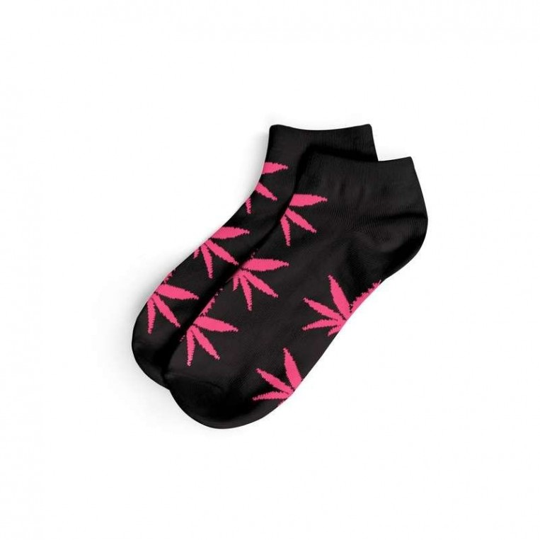 Calcetines Cortos Negros Y Hojas Rosa Mujer