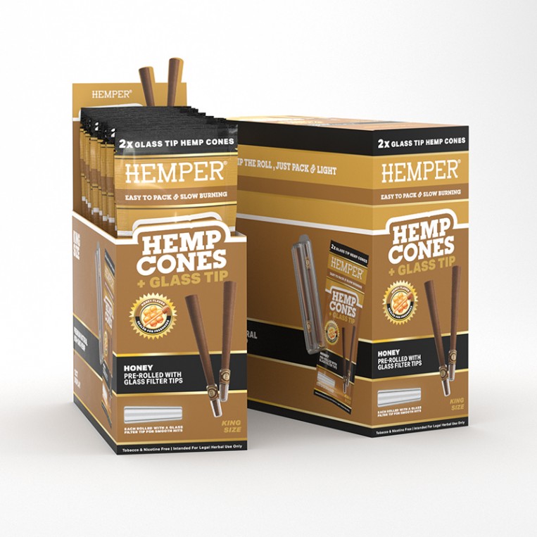 King Size 2pk Hemp Cones With Glass Tips - Hemp Paper - Honey